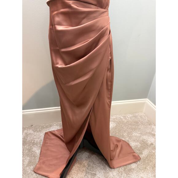 Azazie Kendall + Kylie Bronzer Strapless Satin Bridesmaid Formal Gown - Picture 3 of 5